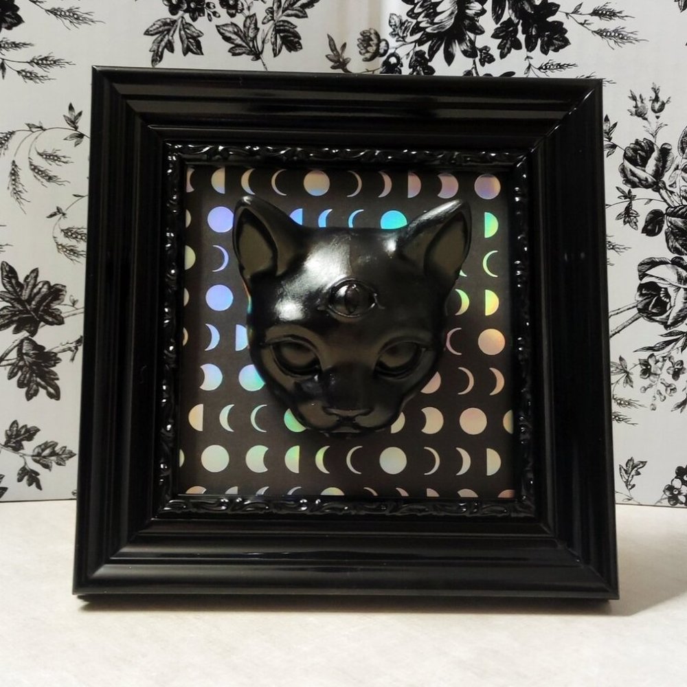Framed 3-Eyed Cat with Holographic Lunar Phase Moons • Witchy Gothic Wall Decor